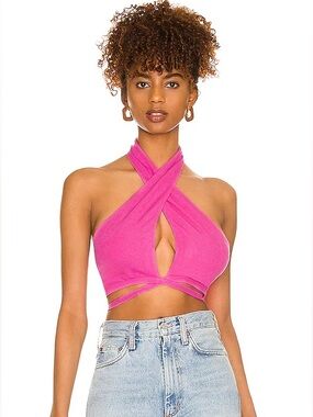 superdown Hot Pink Crisscross Halter Wrap Crop Top